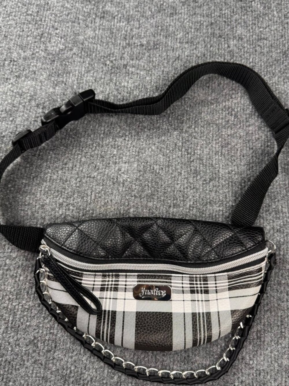 Justice Girls Black White Plaid Quilted Fanny Pack Belt Bag Chain Detail